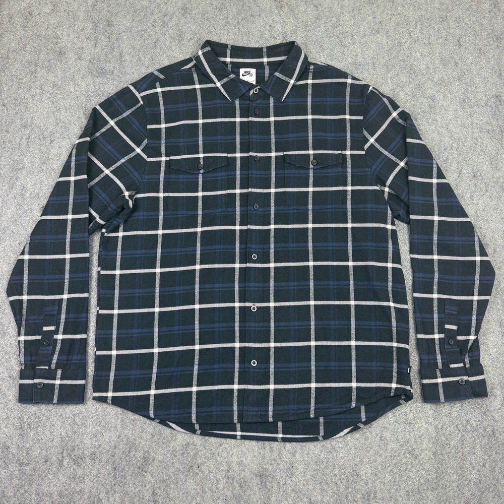 Nike SB Mens Plaid Flannel Button Down Shirt Navy Blue Black XL DA4250-010